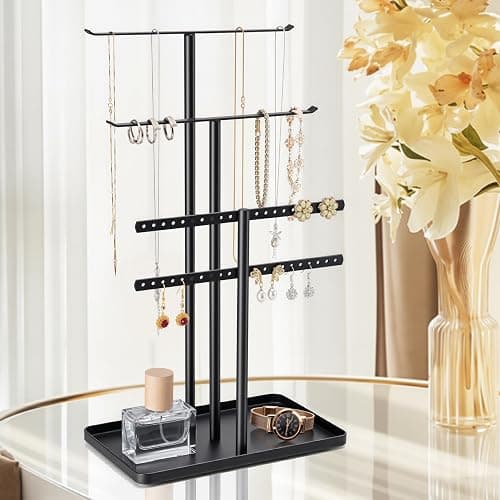 Jewelry Stand Organizer Black - 37CM Tall Sturdy Metal, 3-Tier Jewelry Holder for Necklace, Earring, Bracelet, Ring thumbnail 6