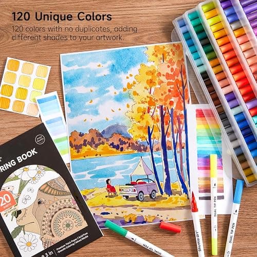 120 Colors Dual Tip Brush Marker Pens with 1 Coloring Book, Fineliner and Brush Dual Tip Markers Set, Water-based Ink Perfect for Kids Adult Artist Calligraphy Hand Lettering Journal Doodling Writing thumbnail 5