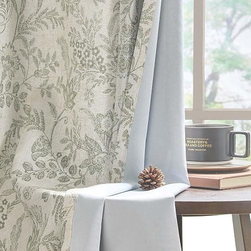 Lazzzy Linen Farmhouse Lined Curtains Green Floral 84 Inch Length Back Tab Drapes for Living Room Bedroom Flower Patterned Country Vintage 2 Panels Set Rod Pocket Green on Beige - Image 1