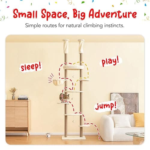 Furcato Cat Tree, Floor to Ceiling Cat Tower Adjustable Height[92-102 Inches=234-258cm], 7 Tiers Cat Climbing Tree with Hammock, Platforms and Fully Sisal Scratching Posts for Indoor Cats, Beige thumbnail 4