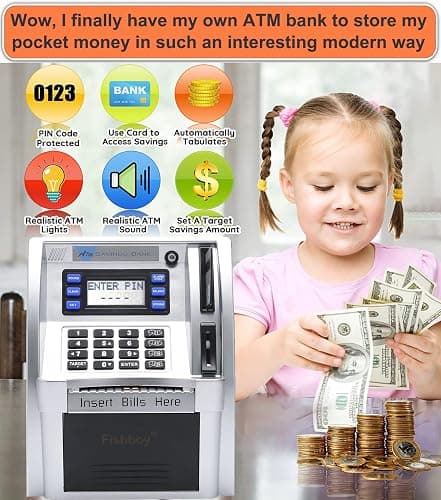 Fishboy ATM Piggy Bank for Kids with Power-Off Memory and Debit Card for Real Money, Onekey Shutdown, Coin Recognition, Target Setting, Bill Feeder, Balance Calculator, Savings Machine Box thumbnail 5