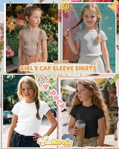 YooAurvox 4 Pack Girl's Basic Ribbed Tees Tops | Girl's, Basic, Ribbed, Tween, Teens, Summer, Cap Sleeve, Slim Fit, Cute, Casual, Daily Wear thumbnail 2