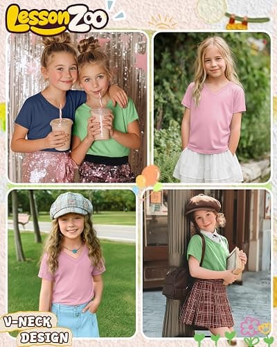 LessonZoo 3 Pcs Girls' V-Neck Loose Fit T-Shirts | Kids Short Sleeve Tees, Teens Cute Tops, 5-14 Years Girls, Solid Color, Soft Fabric, Flat Hem, Summer, Casual, School, Outing thumbnail 4