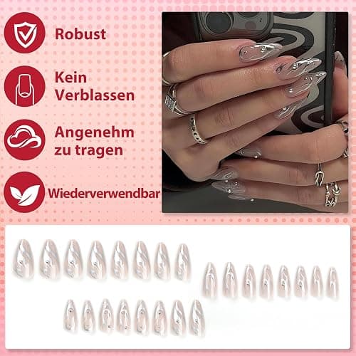 24 Stück Press on Nails Kurz, Oval Künstliche Nägel im Weiß-europäischen Flammenstil, French Nägel Zum Aufkleben, Glossy Mandel Kunstnägel Press on Nails mit Nagelkleber für Frauen (Silver flame, 24x) thumbnail 2