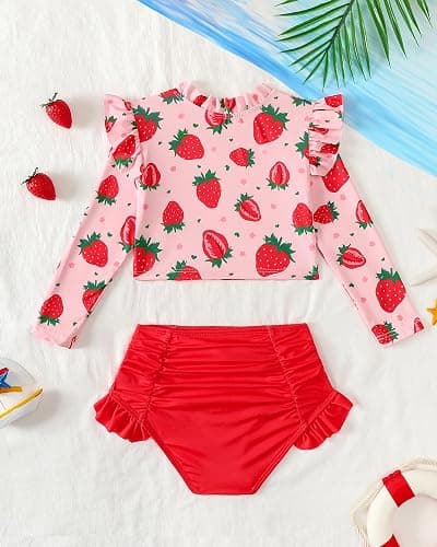 Mioglrie Toddler Girls Swimsuit Little Girls Long Sleeve Two Piece Ruffle Rash Guard Bathing Suit Kid Swimwear 2-6 Years thumbnail 3