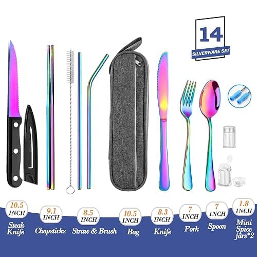Portable Reusable Travel Utensils Silverware With Case, Camping Cutlery Set, Chopsticks and Straw, Flatware With Case, Stainless Steel Rainbow Top thumbnail 2