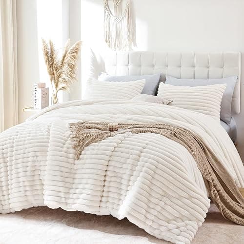 YIKUSH Fluffy Queen Comforter Set 3 Pieces - Cream White Fleece Fluffy Comforter Queen Set, Luxury Fuzzy Queen Bed Set, Soft & Warm Bed Comforter Queen with 2 Pillow Cases - Image 1