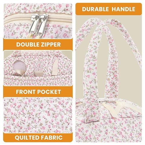 WOBAGMEN Quilted Lunch Box for Women,Cute Pink Floral Lunch Bags for Work, School,Office,Picnic,Travel (pink floral) thumbnail 5