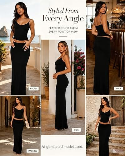 Lybiogs Two Piece Skirt Set for Women - Sexy Sleeveless Spaghetti Strap Pleated Tank Top Maxi Long Skirts Sets thumbnail 6