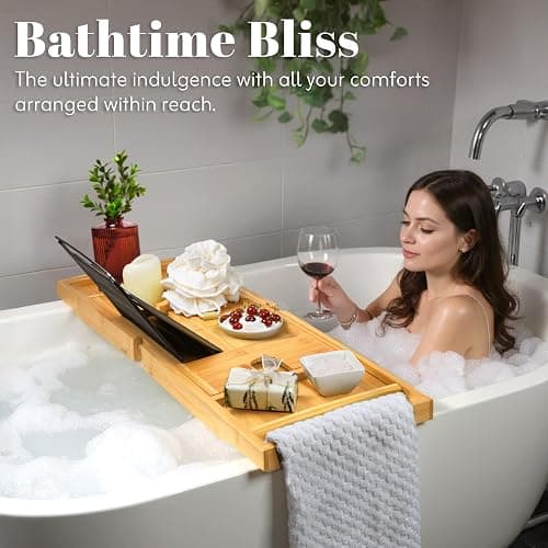 Home It Premium Foldable Bathtub Tray - Bamboo Waterproof Bath Tray for tub Caddy - Wooden Holder for Wine, Book, Soap, Phone, Luxury Gift for Men & Women - Expandable, Fits Most Tubs in Bathroom thumbnail 5