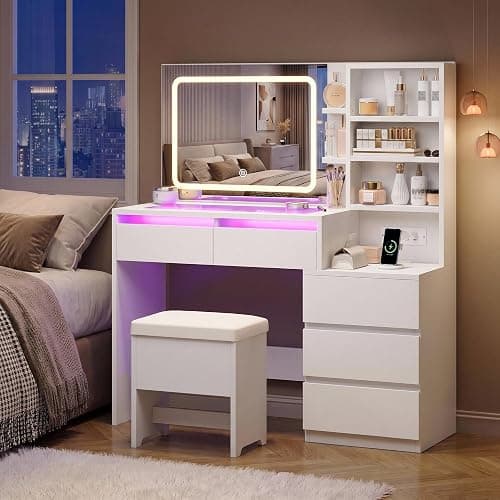 IRONCK Schminktisch mit LED-Beleuchtung, Glasplatte, Hocker & Steckdose | Schminktisch mit Spiegel, 5 Schubladen, offene Fächer, verstellbare Ablagen, 2 AC, USB-A & USB-C Anschluss, Weiß thumbnail 9