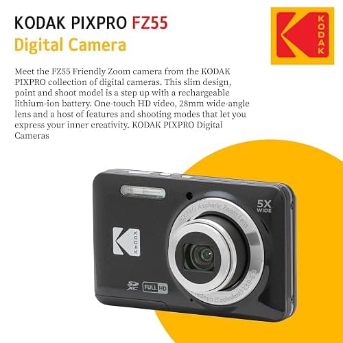 KODAK PIXPRO FZ55 16MP Digital Point & Shoot Camera, 5X Optical Zoom, 28mm Wide Angle, 1080P Full HD Video, Bundle with 32GB SD Card, Protective Case, and Hi-Speed Card Reader (Black) - Black thumbnail 4