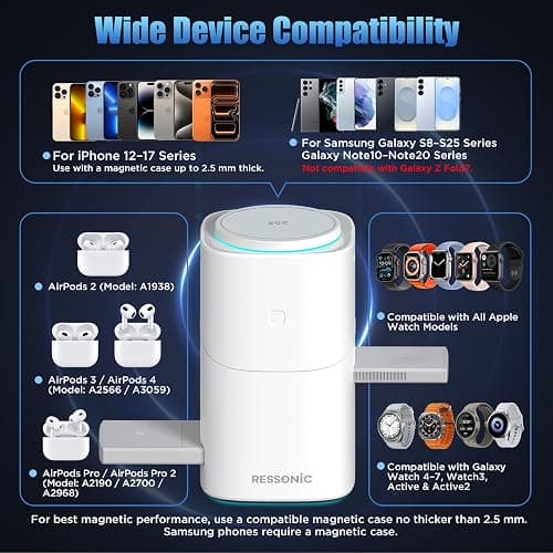 25W 3 in 1 Wireless Charging Station for Apple&Samsung, Desk Night Stand | Includes 45W Adapter, Wireless Charger for MagSafe iPhone 17/16/15/14/13/12, Galaxy S25/S24/S23/S22, AirPods & Watch thumbnail 4