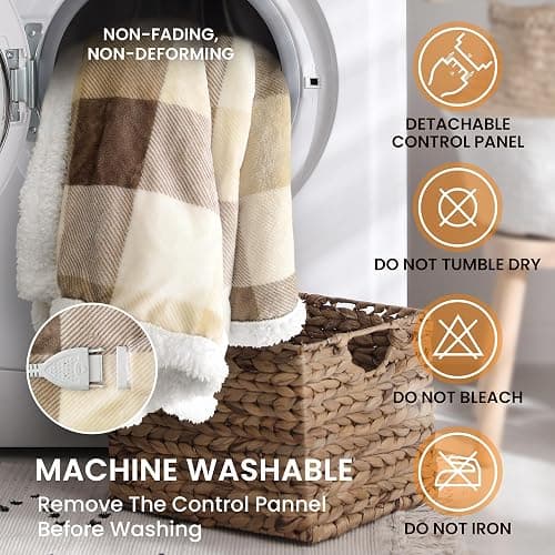 blunique Heated Blanket Electric Throw-50''x60''Ultra Soft Cozy Plaid Flannel Fast Heating Electric Blanket with 10 Heat Levels & 10 Hours Auto Off, ETL Certified, Keep Warm in Couch Bed Office(Khaki) thumbnail 8