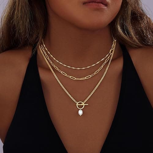 Poxtex Layered Gold Necklaces for Women,Stackable Dainty 14K Gold Silver Plated Trendy Circle Paperclip Chain Pendant Choker Necklace,Simpl Diamond Cross Bow Jewelry Set Gifts for Women thumbnail 2