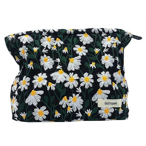 GUTGNK Corduroy Ladies Cosmetic Bag, Large Capacity Canvas Cosmetic Bag Travel Toiletry Bag Accessories Organizer, Black Chrysanthemum - black chrysanthemum - Image 1