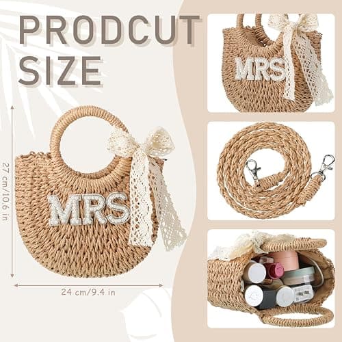 Pinkunn Bride Gift Bride Straw Purse Mrs Handwoven Bag Rhinestone Letter Bag Bachelorette Honeymoon Wedding Bridal Shower thumbnail 3