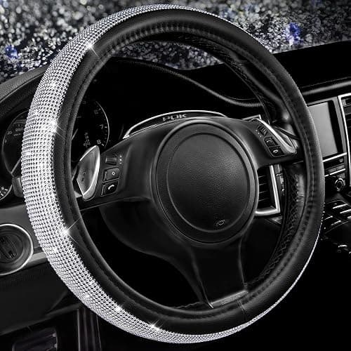 CAR PASS Bling Diamond Leather Steering Wheel Cover, with Bling Sparkly Crystal Glitter Rhinestones Universal Fit 14.5in-15in Car Wheel Protector for Women Girl Fit Suvs,Vans,Sedans,Car,Trucks, Silver - Image 1