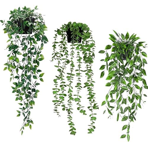 RUACDIQ 3 Stück Künstliche Hängepflanzen, kunstpflanze, Hängepflanzen mit Töpfen, künstliche Pflanzen, Plastikpflanzen Rebe Grünpflanze, Fake Plant für Balkon Büro Garten Party Wand Deko - Image 1