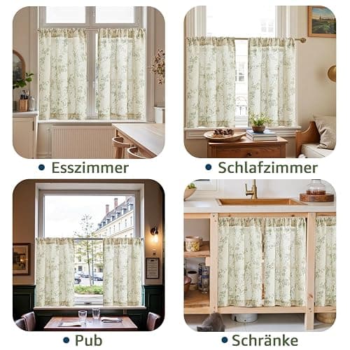 TOPICK Rideaux en lin, 65 x 60 cm avec motif floral, style champêtre, semi-transparent, pour printemps, cuisine, set de 2 pièces, vert sur blanc thumbnail 8