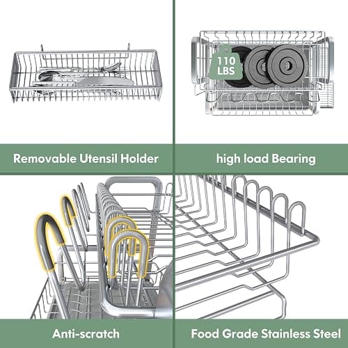 2 Tier Dish Drainers Drying Rack for Kitchen Counter Large Stainless Steel Dishes Drain with Drainboard, Space Saving, Big Modern Silver Countertop Metal Plates Dryer Strainer Holder and Extra Tray thumbnail 6