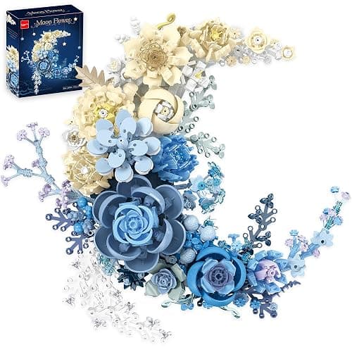Loyratche Blue Moon Flower Building Set, Botanical Collection Crescent-Shaped Artificial Flowers Building Blocks Kit Compatible with Lego for Adults Home Décor Wall Art Decoration - Image 1