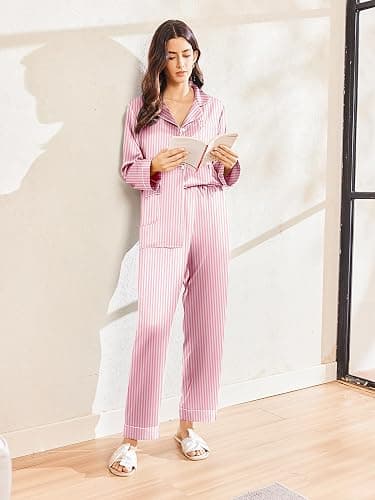 Ekouaer Silk Pajamas for Women Classic Button Down Satin Pajama Sets Long Sleeve Lounge Set thumbnail 9