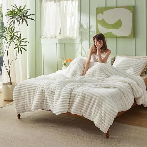 Bedsure Large Queen Fluffy Comforter Set, Cozy Fleece Cream White Bedding | Ultrasoft Ribbed Flannel Comforter, Fall & Winter Warm Bedding Set, Gift for Women, Room Decor Aesthetic, OEKO thumbnail 6