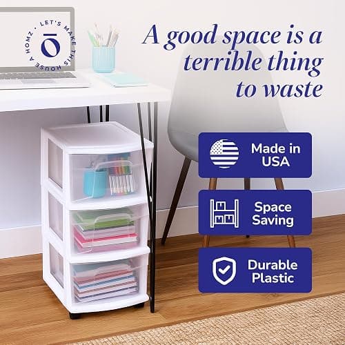 HOMZ Drawer Tower, 3-Tier Clear Plastic Storage Organizer Cart, White Frame - Heavy-Duty Organizing Drawers for Home, Bedroom, and Closet Organization thumbnail 7