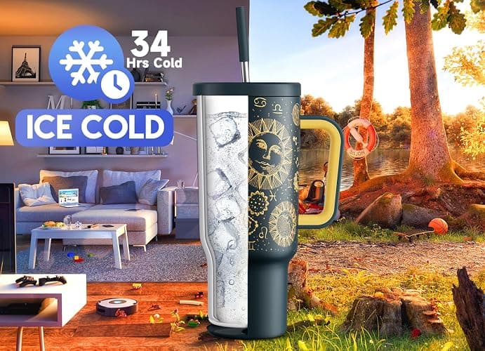 Meoky 40 oz Tumbler with Handle and Straw, Tumbler with Lid and Straw, Insulated Stainless Steel Travel Mug, 100% Leak-proof, Keeps Cold for 34 Hours or Hot for 10 Hours (Tarot) thumbnail 3