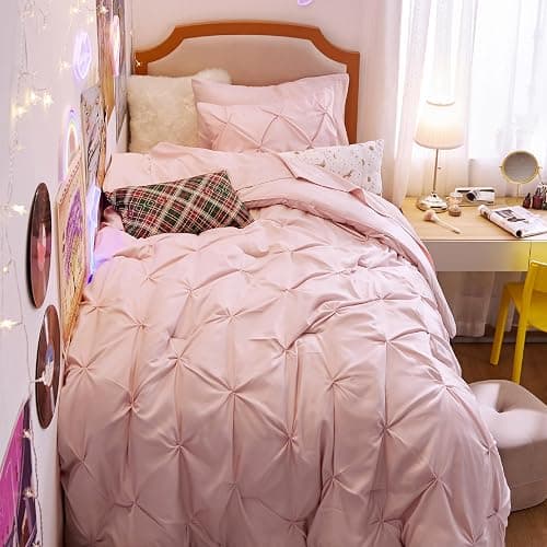 Bedsure Twin Comforter Set Pink for Women - Bed in a Bag Twin Size Bedding 5 Pieces, GentleSoft™ Pintuck Bed Set Gift for Family, Pinch Pleat Pink Comforter with Sheets, Pillowcase & Sham thumbnail 5