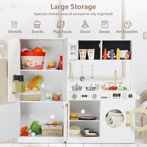 Kinder King Wooden Kids Play Kitchen Set, Cookware Accessories, White | Transparent Coloring Board, Pretend Fridge, Toy Kitchen Playset w/Washing Machine, Realistic Kitchen Sets Gift for Ages 3+ thumbnail 8