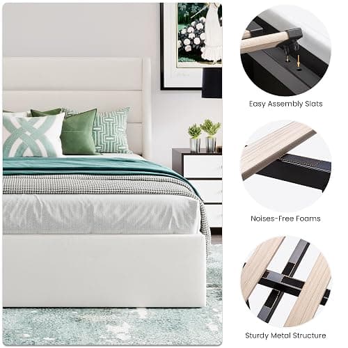 SHA CERLIN Full Size Lift Up Storage Bed/Velvet Upholstered/Modern Wingback Headboard/Upholstered Platform Bed Frame/Hydraulic Storage/No Box Spring Needed/White thumbnail 8