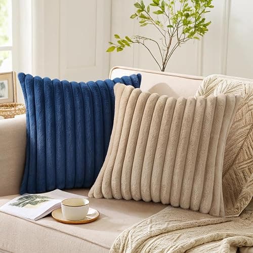 Pallene Faux Fur Plush Throw Pillow Covers 18x18 Set of 2, Luxury Soft Fluffy Striped Decorative Pillow Covers for Sofa, Couch, Living Room, Khaki thumbnail 5