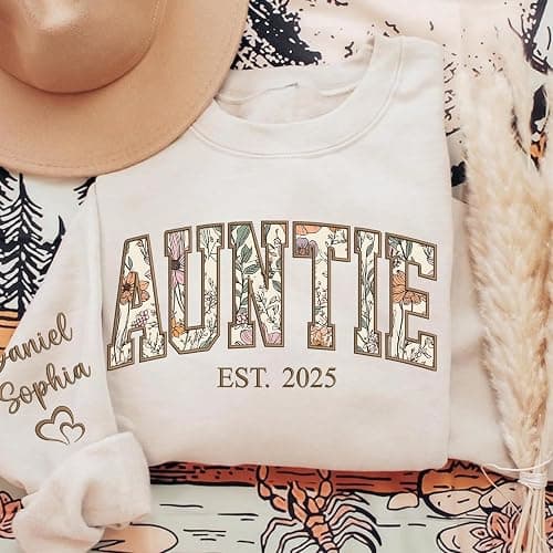 UrbanNEST Personalized Floral Embroidered Applique Auntie Sweatshirt For Women, Custom Auntie Gifts from Grandkids, Aunt Sweater, Tia Crewneck, Mother's Day Apparel, Lala Birthday, Aunt Gifts thumbnail 2