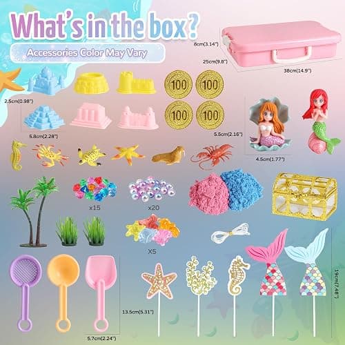 KNASON Mermaid Sensory Bin,Play Sand Art Kit for Girls and Boys with 2.2lbs Sensory Play Colored Sand,Treasure Accessories and Sandbox,Beach Toy Christmas Birthday Present for Kids Ages 3 4 5 6 7 8 thumbnail 3