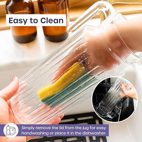 Glass Pitcher with Lid – 2 Pack 55 oz Glass Water Pitcher, Iced Tea Pitcher with Handle, Ribbed Juice Container for Fridge, Glass Beverage Container for Lemonade, Milk, Drinks thumbnail 7