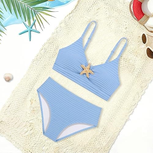 Luckrizyy Girls Swimsuit 2 Piece Bikini Sets V Neck High Waisted Textured Ruched Solid Chest Padded Beach Bathing Suits 7-16Y thumbnail 5