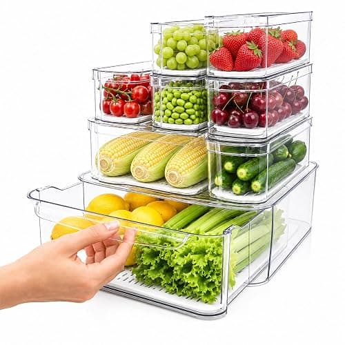 SMRCAD Clear Fridge Bins with Drain Trays - BPA-Free PET, Stackable (8) | 8 Pack: 1 Drawer + 7 lidded Bins, Helps Keep Produce Fresh, 18.3L Capacity, Hand Wash Only - Image 1