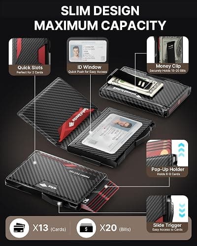 typecase Wallet for Men: Rfid-blocking with Money Clip Slim Leather Bifold ID Window Smart Pop Up Card Case Front Pocket Wallet with Gift Box (Carbon Fiber Black) thumbnail 2