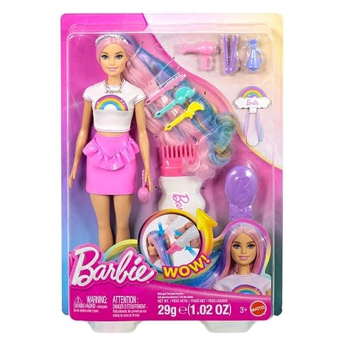 Barbie Rainbow Sparkle Hair Doll, Extra-Long and Colorful Hair with 12 Styling Accessories like Glitter Tube, Brush, Clips, Hair Dryer and More, JJP07 thumbnail 7