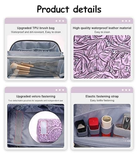 BOYATU Travel Makeup Bags Cosmetic Organizer Bag: 3 Pcs Set Large Capacity Floral Make up Bag with Compartments - Waterproof Leather Toiletry Bags with Handle for Women (21-Purple) thumbnail 6