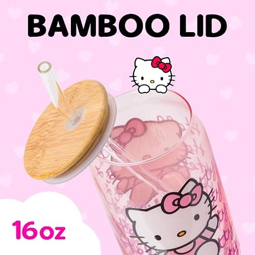 Silver Buffalo Sanrio Hello Kitty Waving Pink Glass Jar Tumbler with Bamboo Lid and Glass Straw, 16 Ounces | Sanrio, Waving, Jar, Tumbler, Bamboo Lid, Glass Straw thumbnail 5