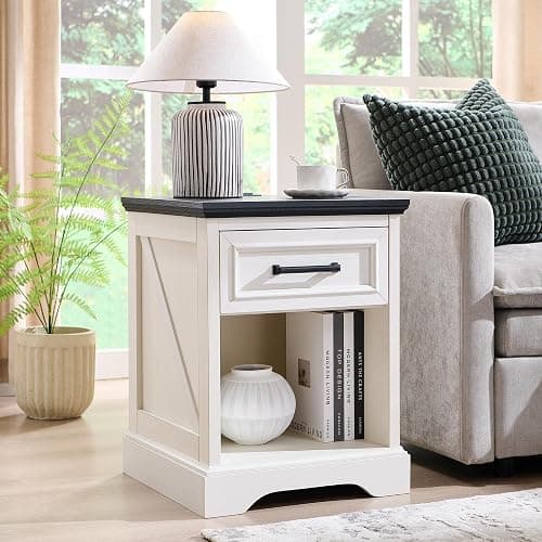 ACCOHOHO 18" Farmhouse Nightstand with Charging Station, Bedside Table with Drawer and Large Open Shelf, Rustic End Table for Bedroom - White thumbnail 7