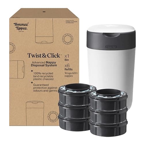 Tommee Tippee Twist and Click Nappy Bin Starter Set, White, with x6 Refill Cassettes, Odour and Germ Protection, Antibacterial Film, 100% Recycled Chassis, (pack may vary) - NAPPY BIN + 6 PACK CASSETTE - Image 1