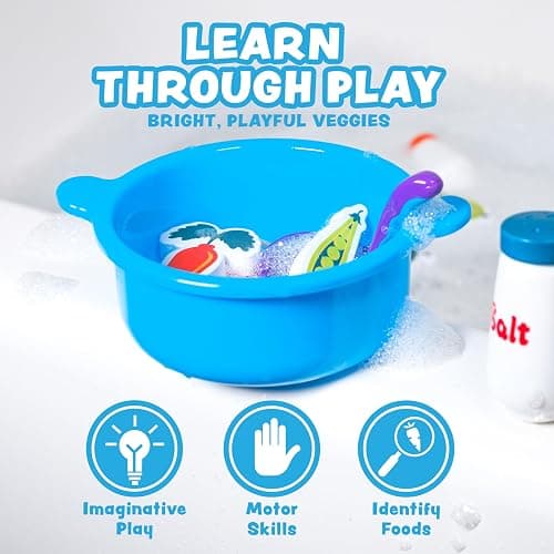Tub Works® Tub Soup™ Scoop, Strain & Play Toddler Bath Toy | Floating Foam Veggies, Ladle for Scooping & Soup Pot for Straining | Pretend Play Cooking Kids Bath Toys | Creative Bathtub Toys thumbnail 6