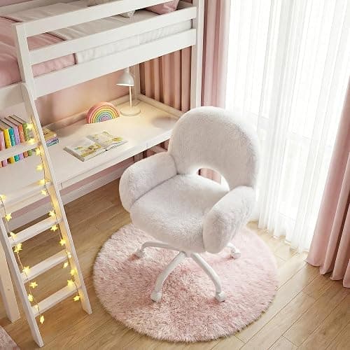 Homkdom Vanity Chair with Round Hollow Back & Arms,Height Adjustable | Faux Rabbit Fur, Swivel Cute Makeup Chair, Padded Seat, for Bedroom Dorm, Rolling Casters,White thumbnail 9