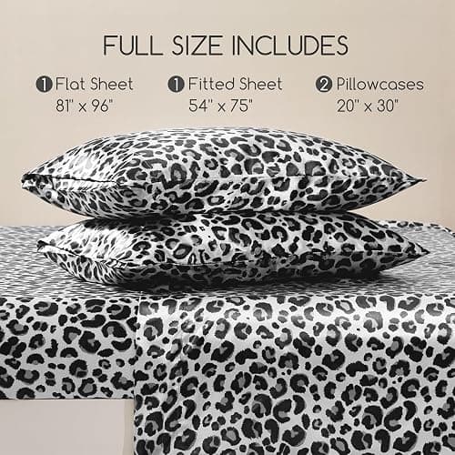 MR&HM Satin Sheets with Elastic Corner Straps, Full Size Sheets Set, 4 Pcs Silky Bedding Set with 15 Inches Deep Pocket for Mattress (Full, White Leopard) thumbnail 2
