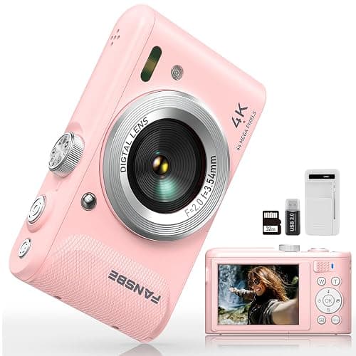 Fansbe Smart Compact Portable 4K Digital Camera, Travel 4K Digital Camera Pocket, Digital Cameras Autofocus Vlogging Anti-Shake 18X Zoom 64MP 8 Modes 2.8" HD LCD Charger 32GB Card Reader, Pink - Image 1