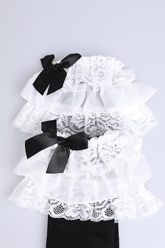 woosnscly Womens Lace Ruffle Knee High Socks Cute Bow Lolita Knee Highs Stockings Halloween Party Costume Long Socks, Cotton thumbnail 6